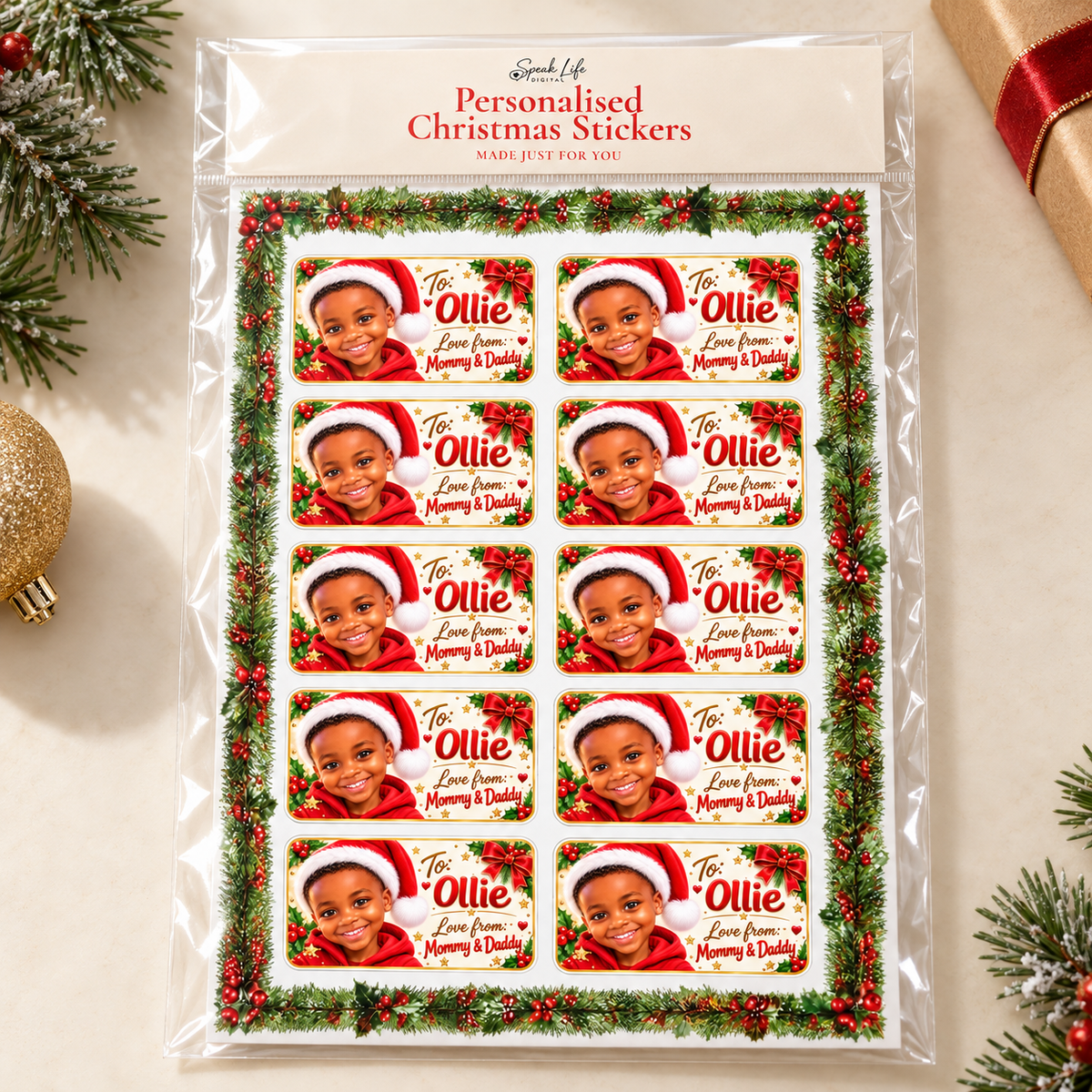 Personalised Christmas Photo Stickers – 10 Custom Gift Labels, Gloss or Matte