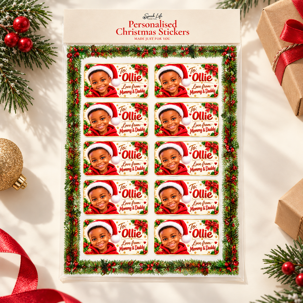 Personalised Christmas Photo Stickers – 10 Custom Gift Labels, Gloss or Matte