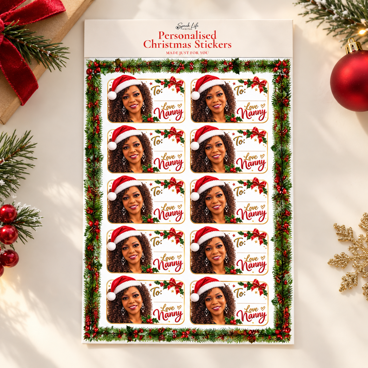 Personalised Christmas Photo Stickers – 10 Custom Gift Labels, Gloss or Matte