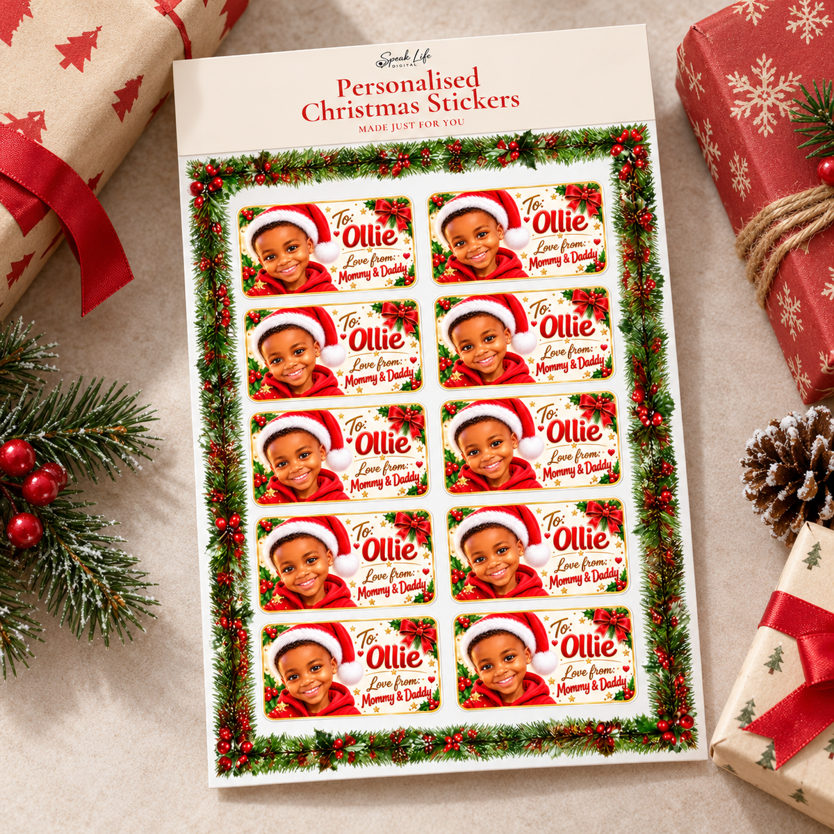 Personalised Christmas Photo Stickers – 10 Custom Gift Labels, Gloss or Matte
