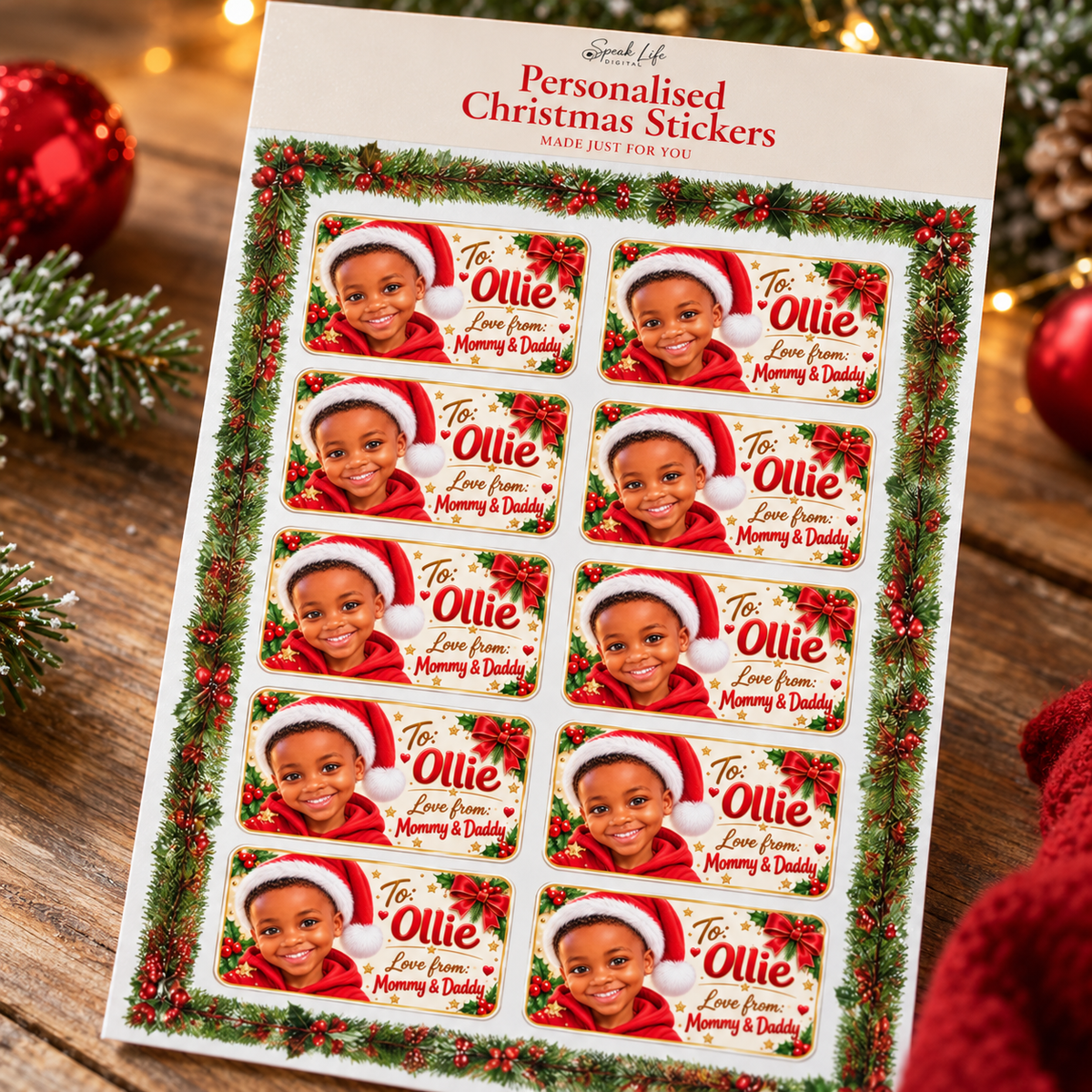 Personalised Christmas Photo Stickers – 10 Custom Gift Labels, Gloss or Matte
